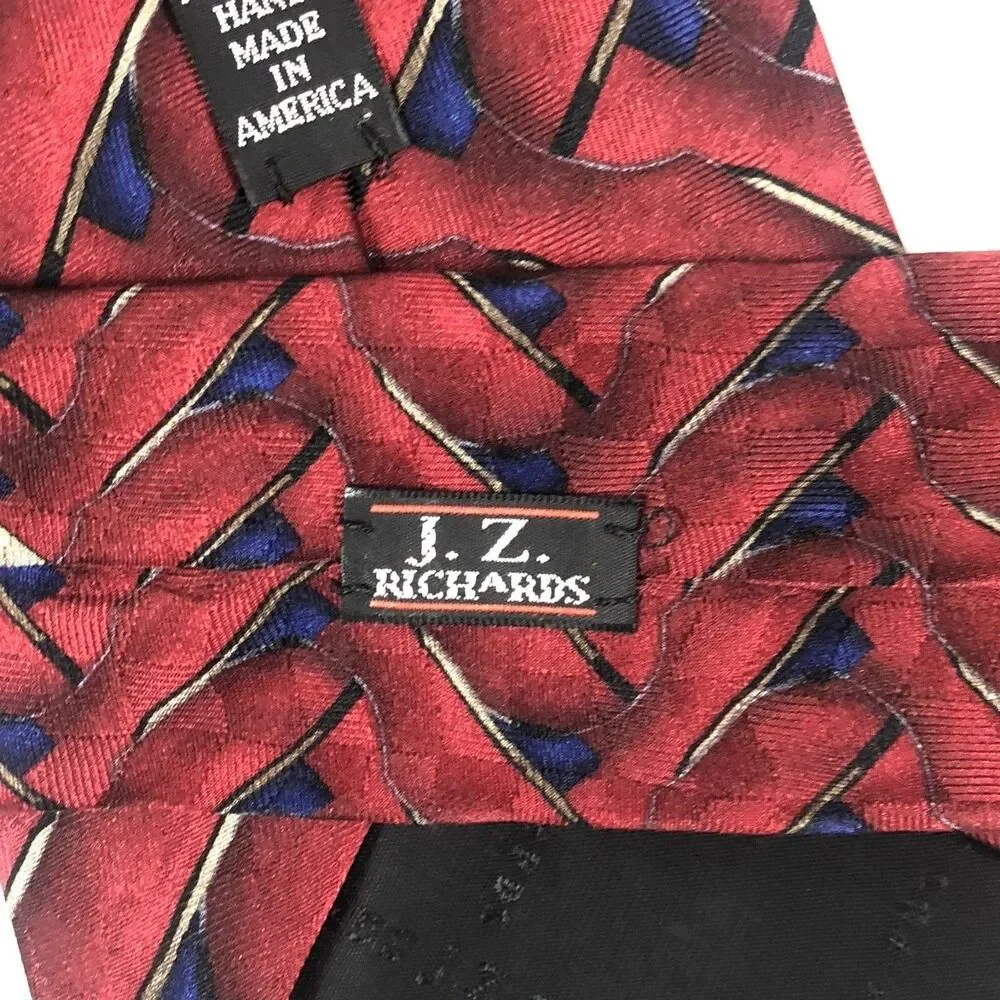 J.Z. Richards Parisian Silk Tie Geometric Foulard Hand Made USA Burgundy